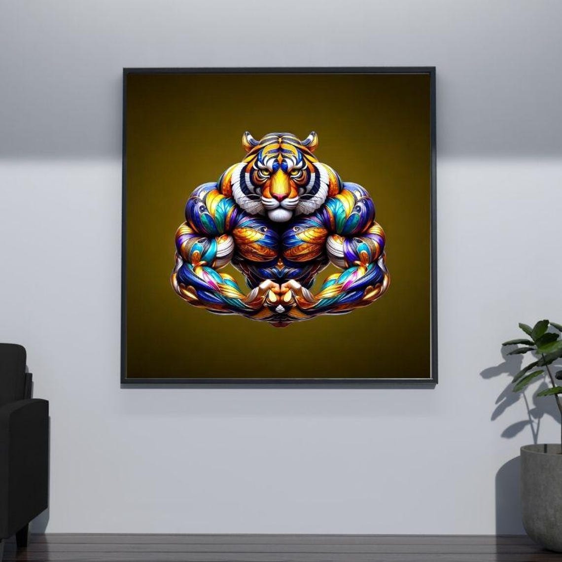 Muscular Tiger Flexing in Rainbow Metallic Bodybuilding Poster - Image 3