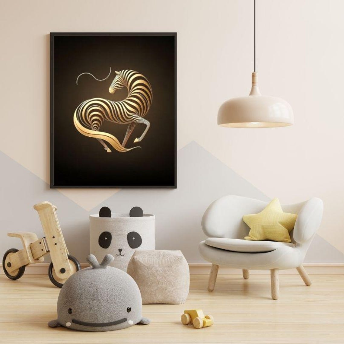Golden Zebra Galloping in Luminous Line Art on a Dark Field Poster - Image 3