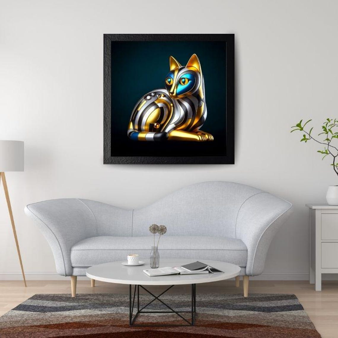 Gold Blue Metallic Striped Curled Cat Modern Decorative Art Poster - Image 2