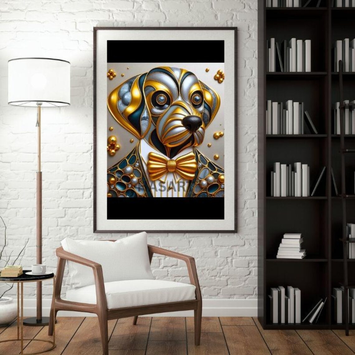 Gold Bow Tie Dapper Metallic Dog Portrait Mosaic Elegant Art Poster - Image 3