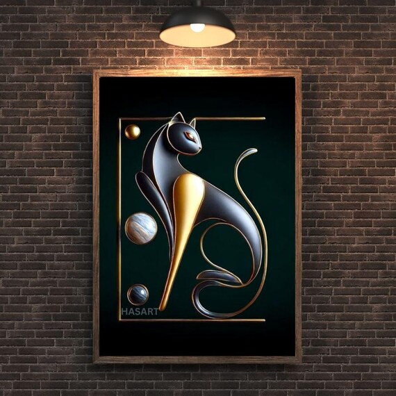 Sleek Black and Gold Geometric Cat Sitting in Deco Style Art Poster