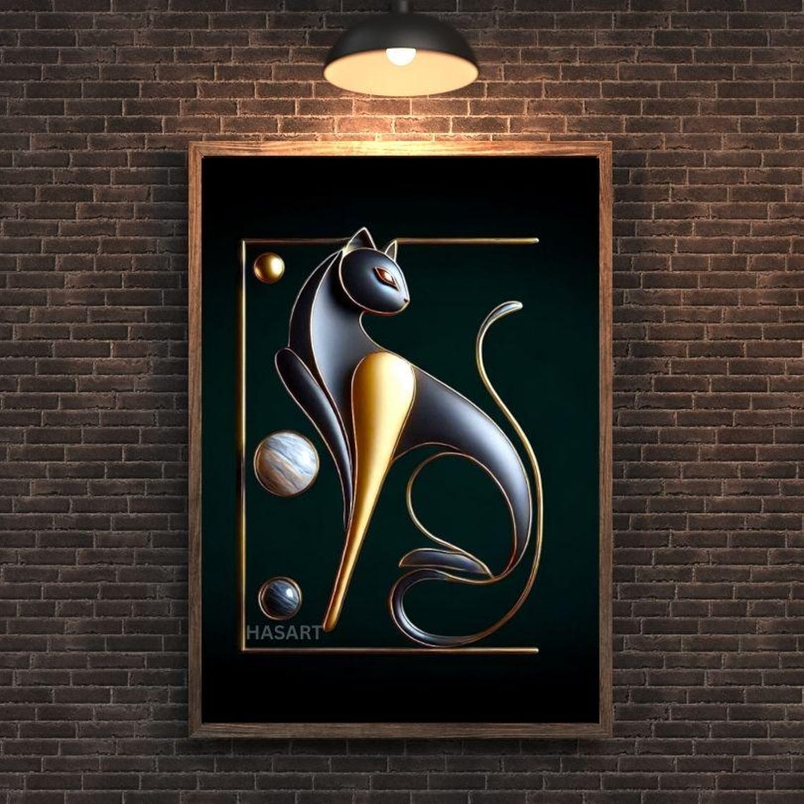 Sleek Black and Gold Geometric Cat Sitting in Deco Style Art Poster