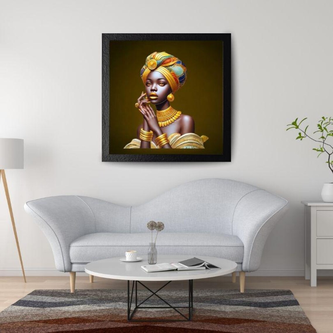Elegant African Woman with Colorful Headwrap and Gold Jewelry Poster - Image 2