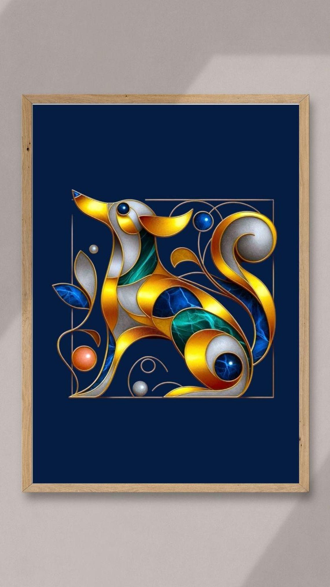 Golden Dachshund Mosaic with Blue Gemstones on Deep Navy Poster