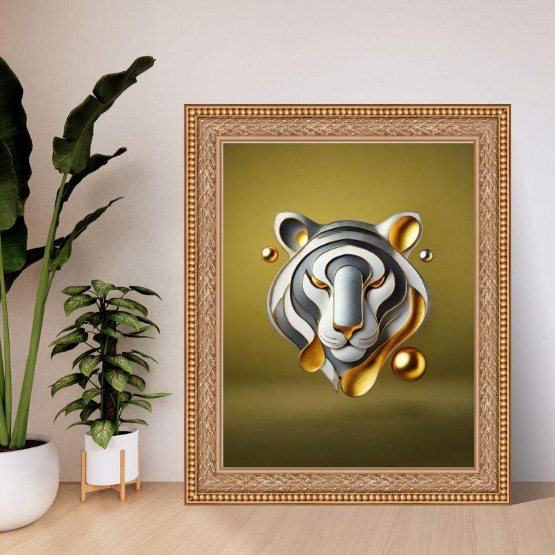 Gold And Silver 3D Layered Paper Tiger Head Modern Art Poster - Image 2