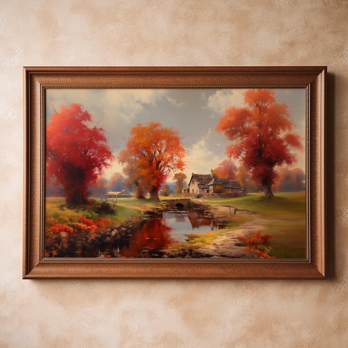 Autumn Village Painting Red Trees By Pond Cottage Scene Poster - Image 2