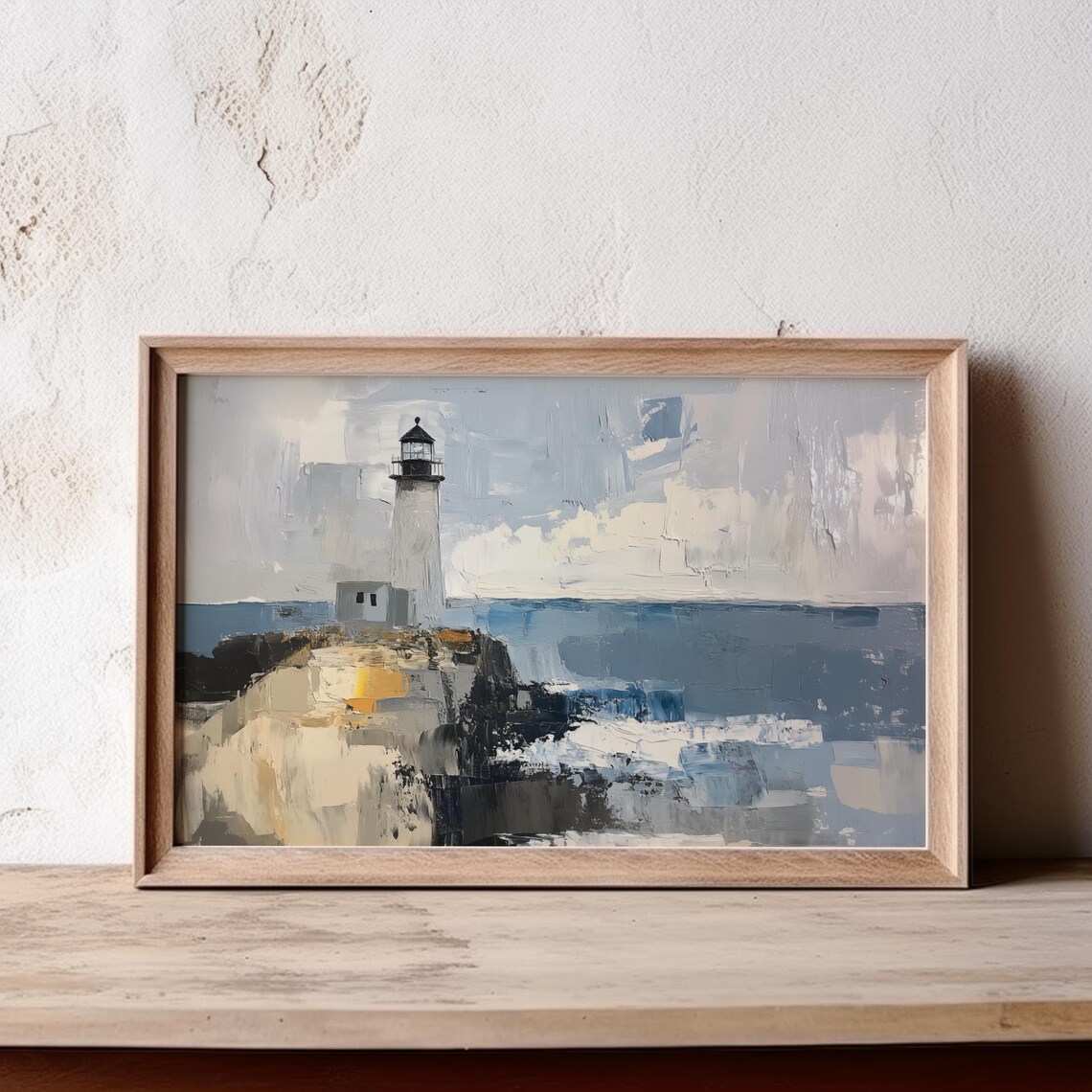 Lighthouse On Rocky Cliffs Abstract Coastal Seascape Blue Poster - Image 3