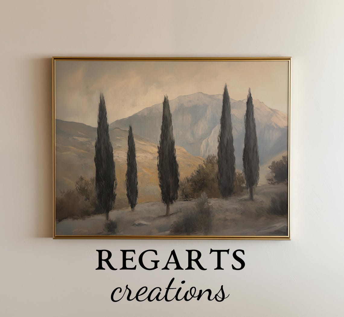 Cypress Trees Painting Row Of Pines Mountain Landscape Poster