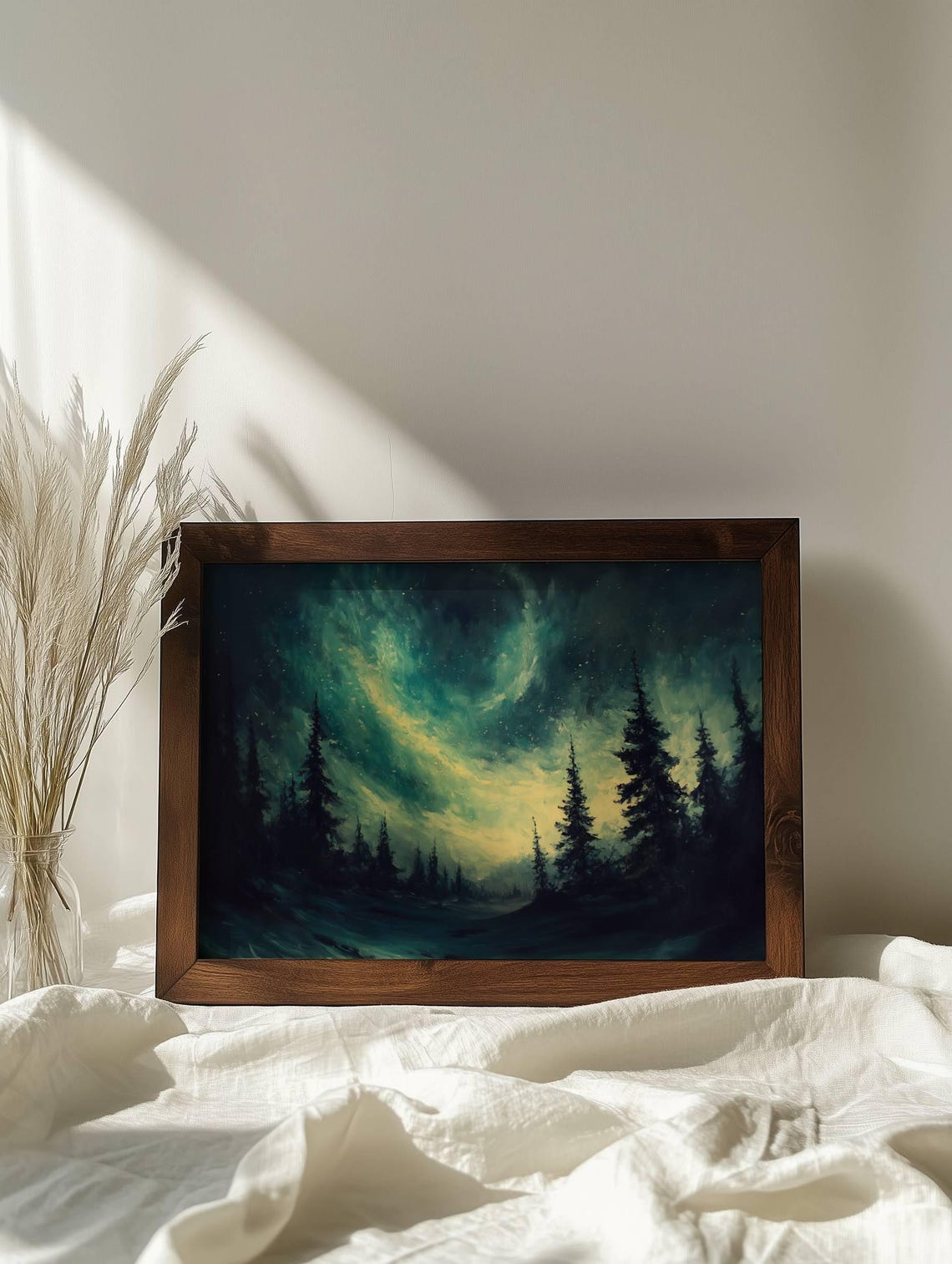Antique Oil Painting Northern Lights Pine Trees Regarts - Image 6