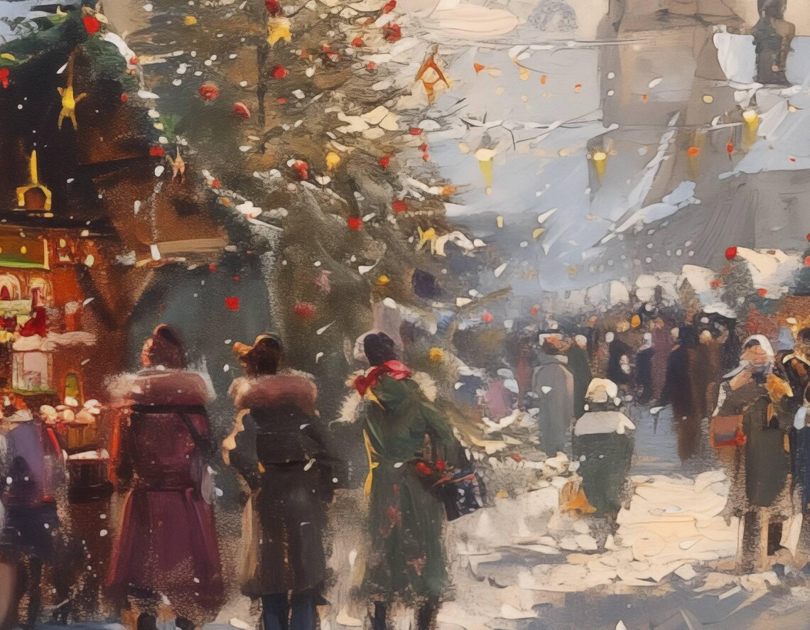 European Christmas Market Crowd Snowy Church Tower Holiday Poster - Image 5
