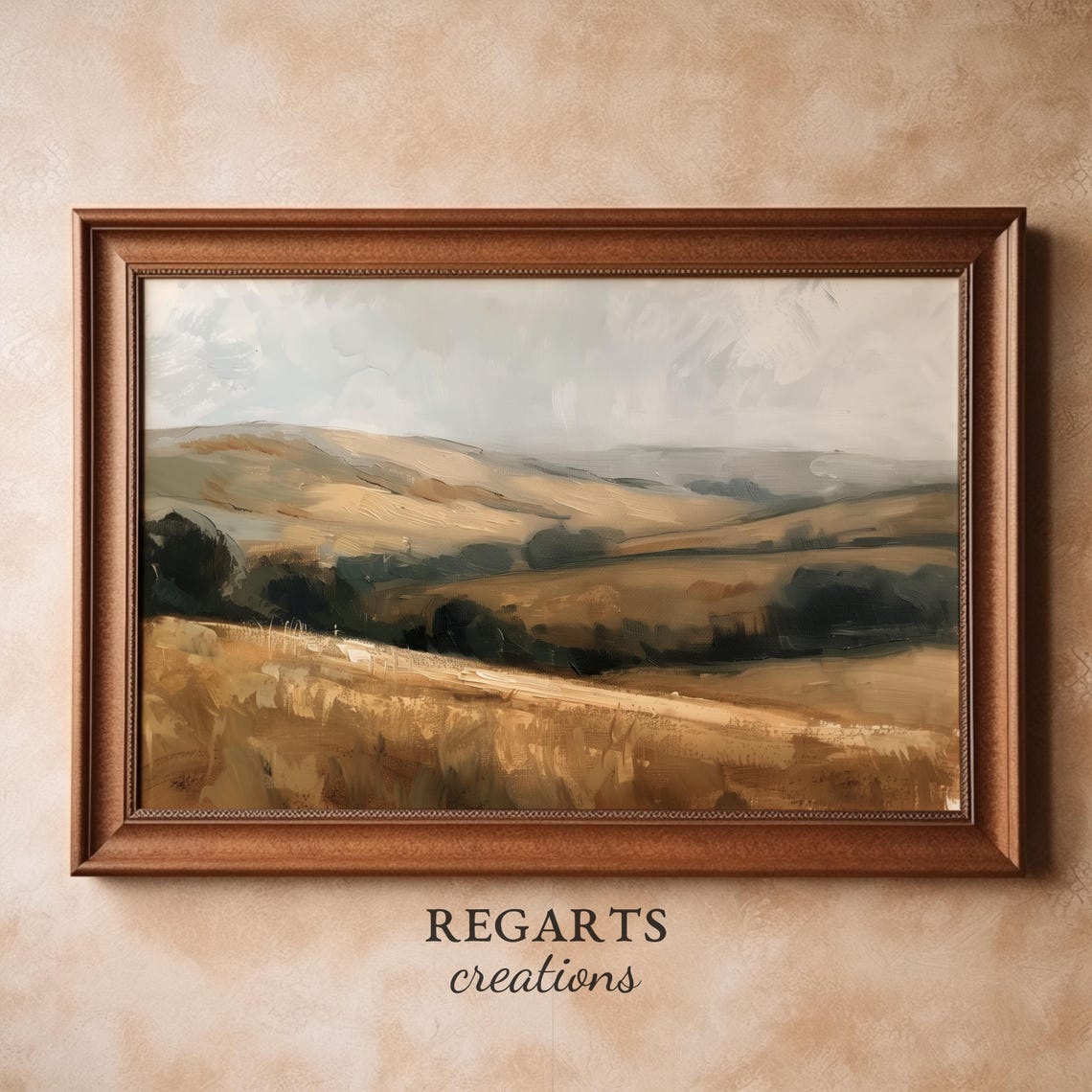 Muted Rolling Hills Landscape Painting Overcast Golden Fields Poster - Image 3