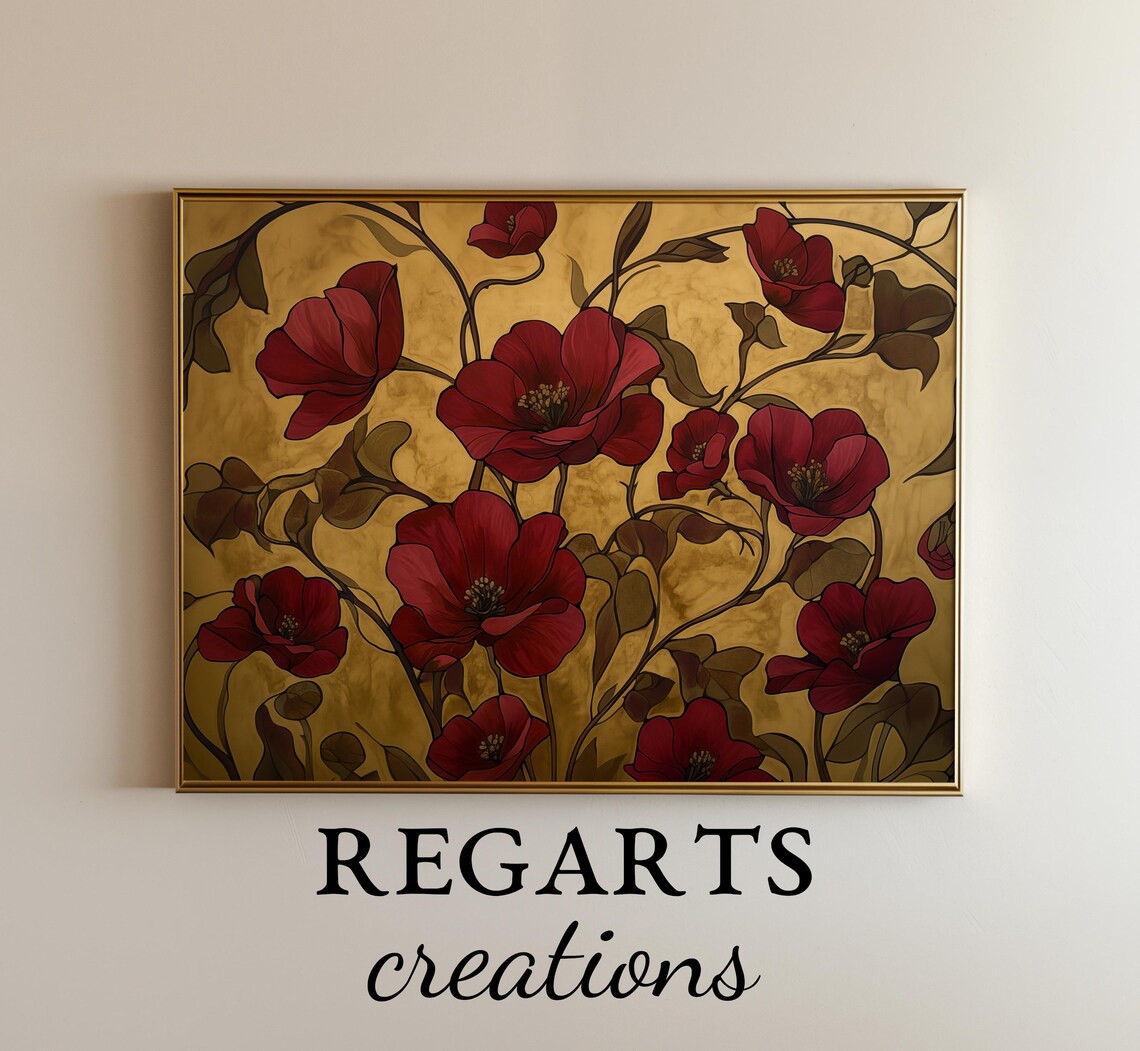 Art Nouveau Red Floral On Gold Elegant Vintage Botanical Poster
