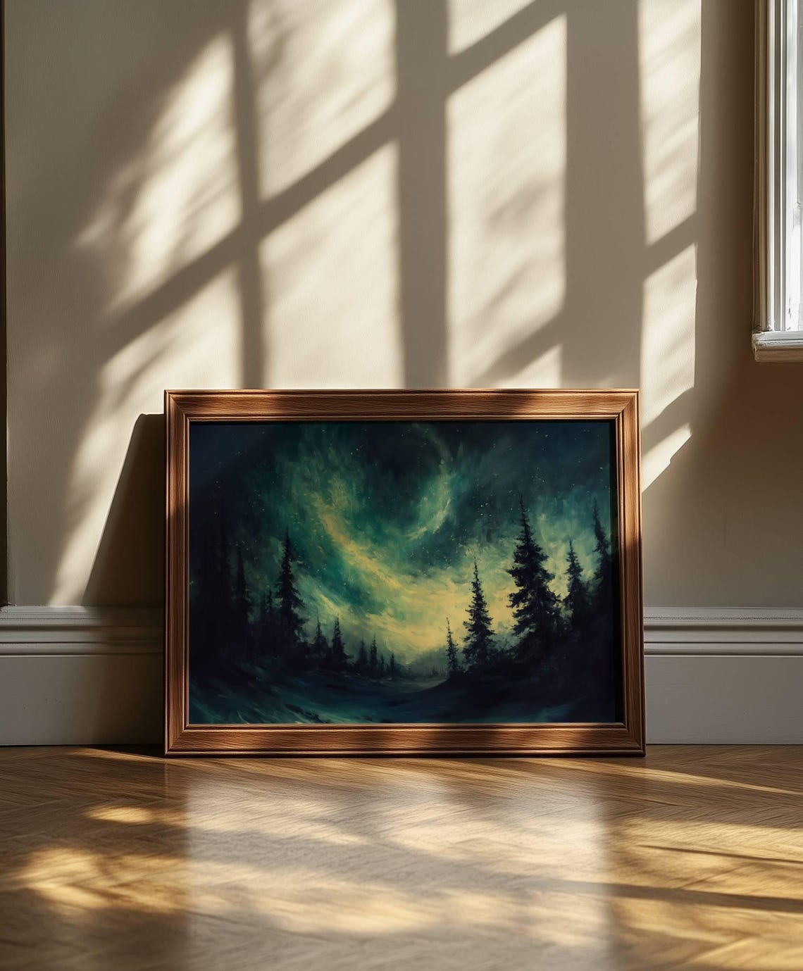 Northern Lights Over Pine Trees Aurora Night Sky Painting Poster - Image 3