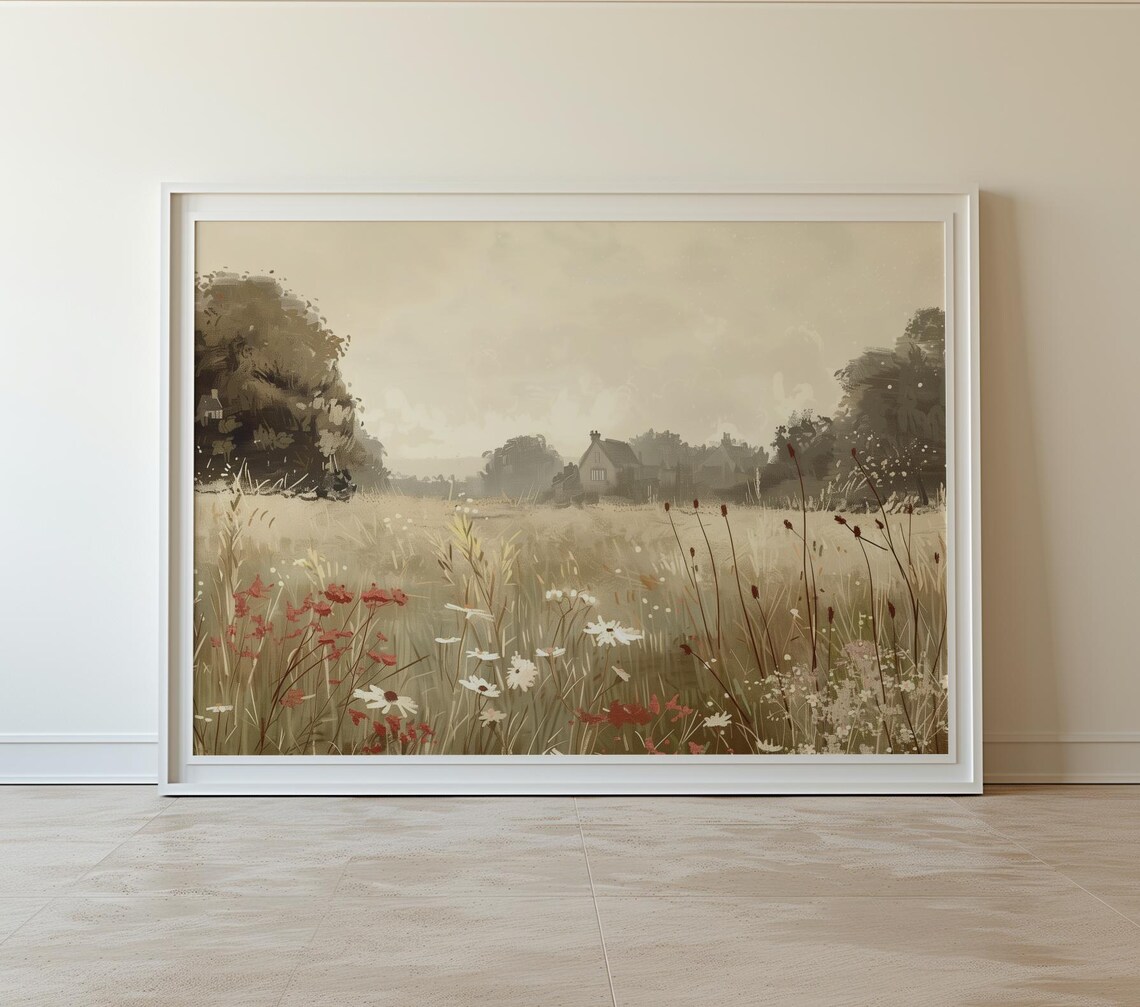 English Meadow Painting Summer Wildflowers And Distant Cottage Poster - Image 2