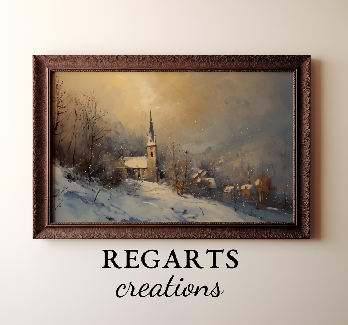 Winter Church Scene Painting Snowy Village At Golden Light Poster - Image 5