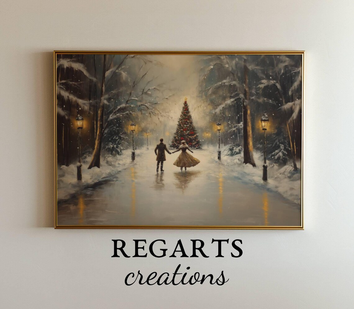 Romantic Ice Skating Couple Christmas Tree Snowy Night Avenue Poster - Image 7