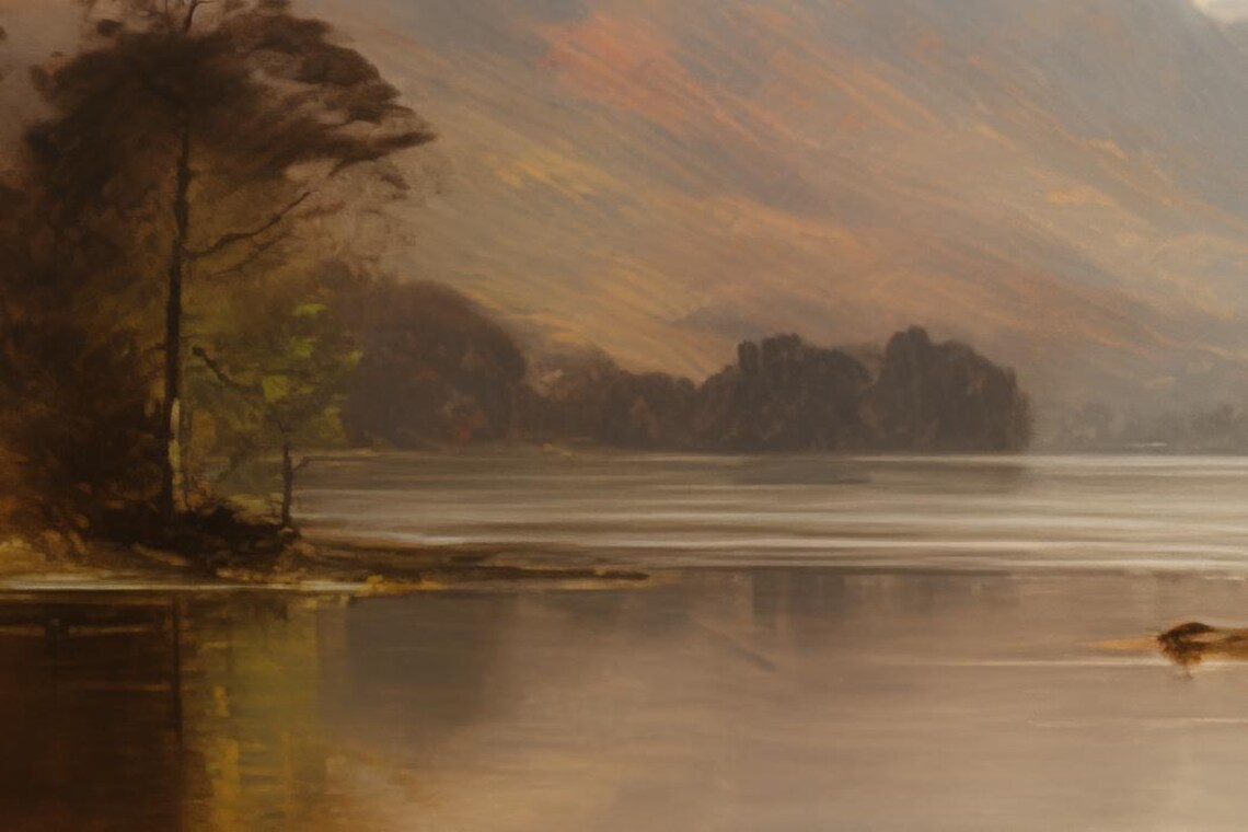 Autumn Landscape Painting Mountains And Misty Lake Moody Poster - Image 4