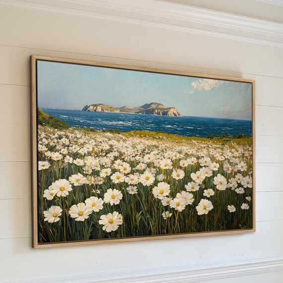 White Daisy Field Overlooking Coastal Cliffs Island Sea Poster