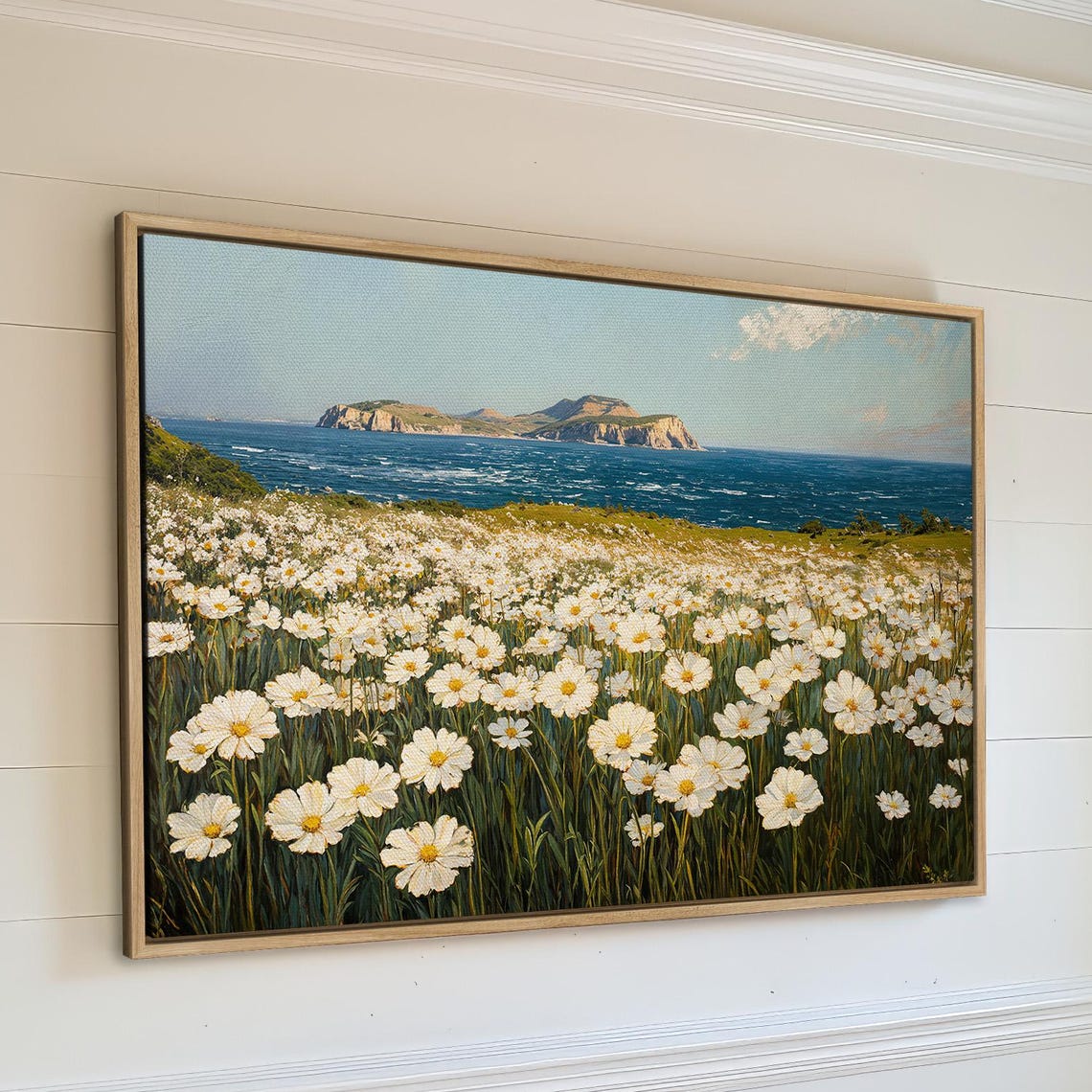 White Daisy Field Overlooking Coastal Cliffs Island Sea Poster