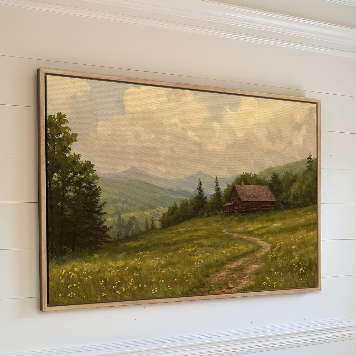 Rustic Cabin Wildflower Meadow Misty Mountains Countryside Poster