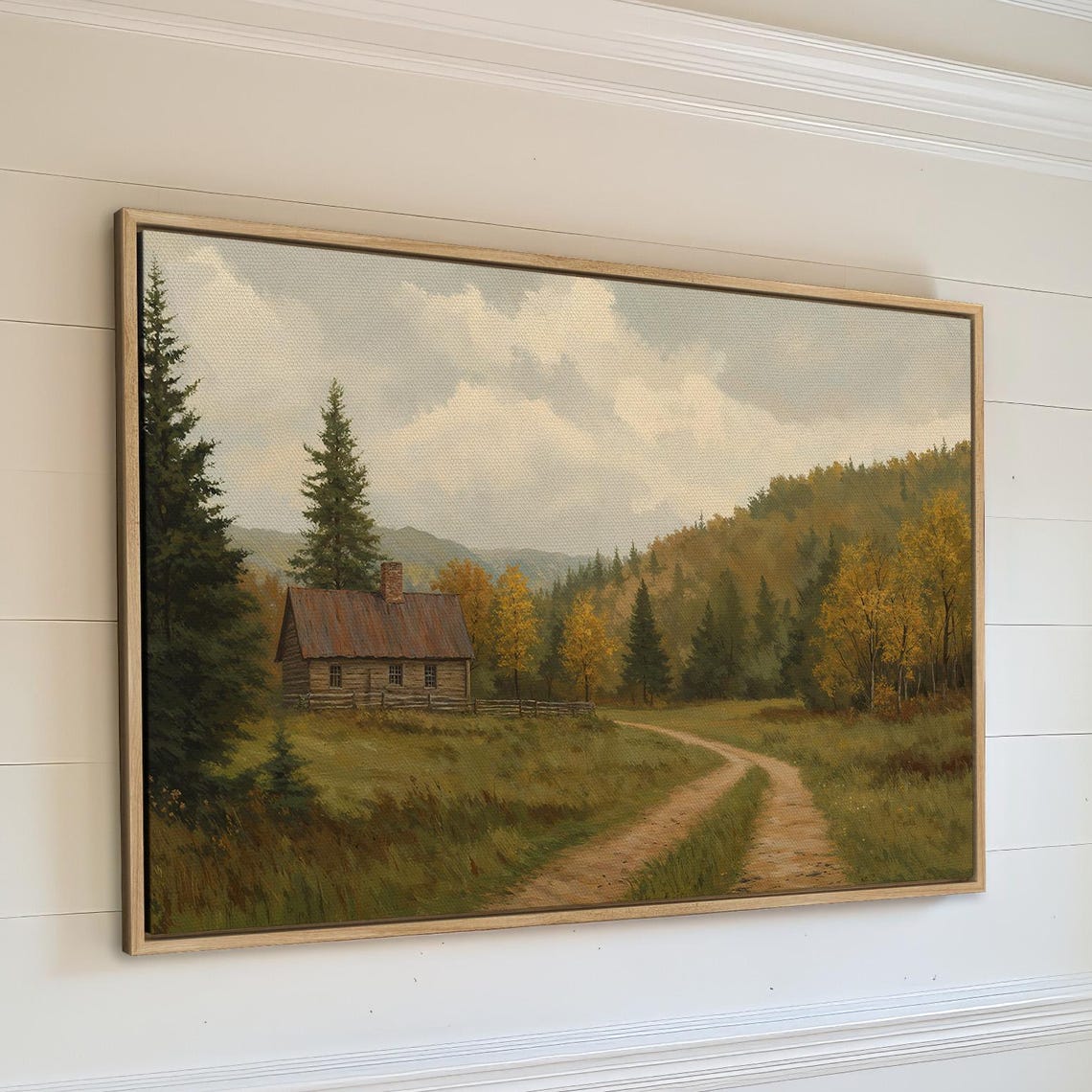 Rustic Cabin In Autumn Forest With Winding Dirt Path Canvas Print