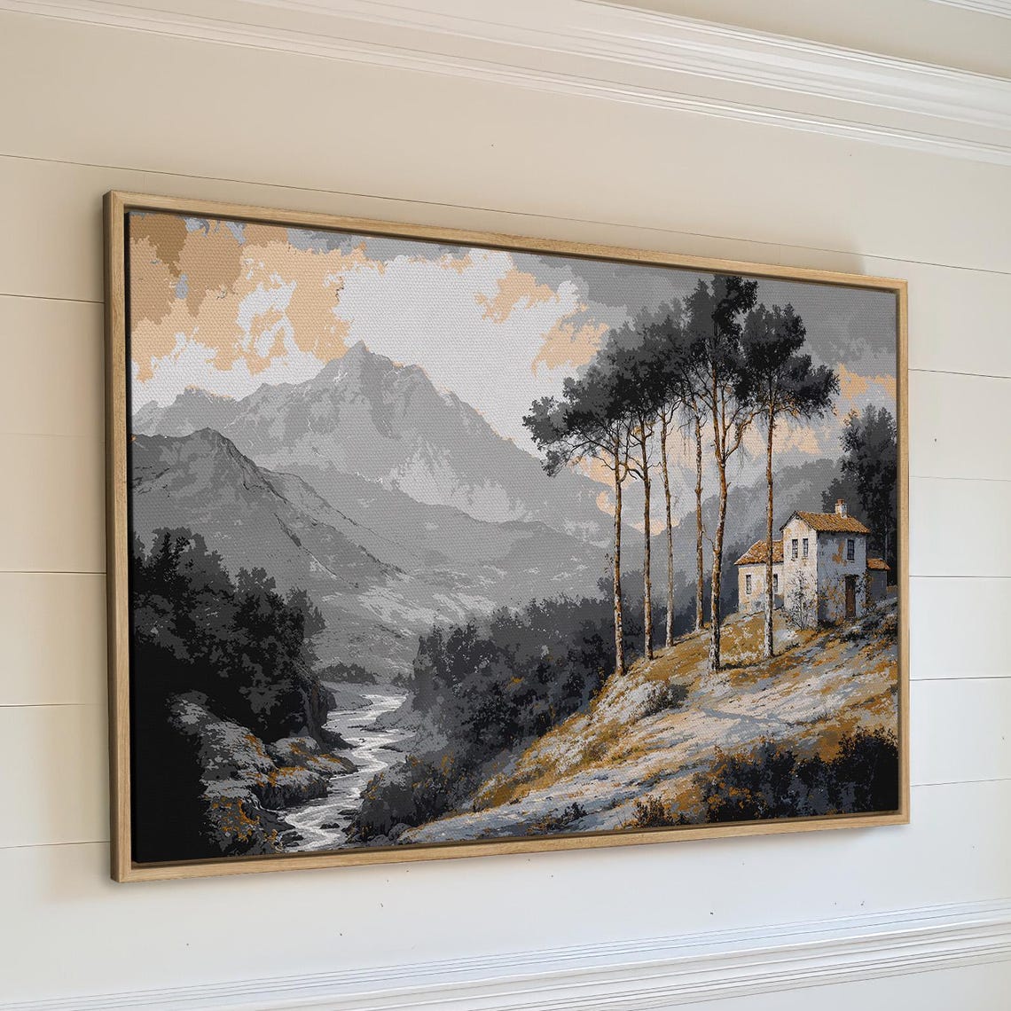Misty Mountain Valley Stone House River Pines Landscape Poster