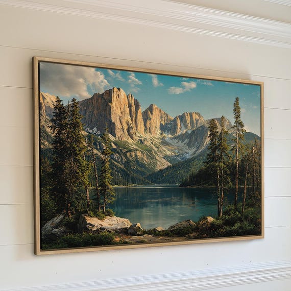 Mountain Wilderness Landscape Framed Canvas Print Rustic Wall Art Lake View With Forest And Nature Scenery Ready To Hang