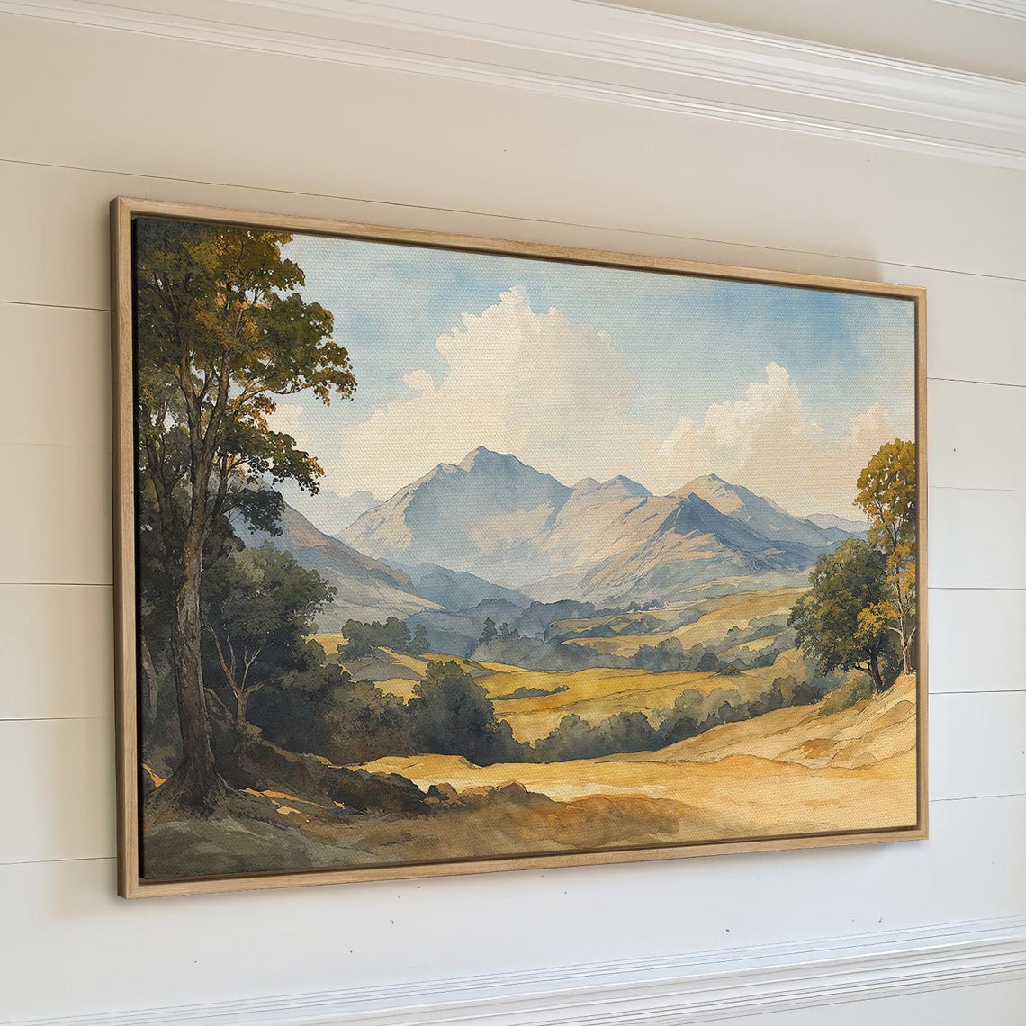 Serene Golden Mountain Valley Rustic Watercolor Landscape Poster