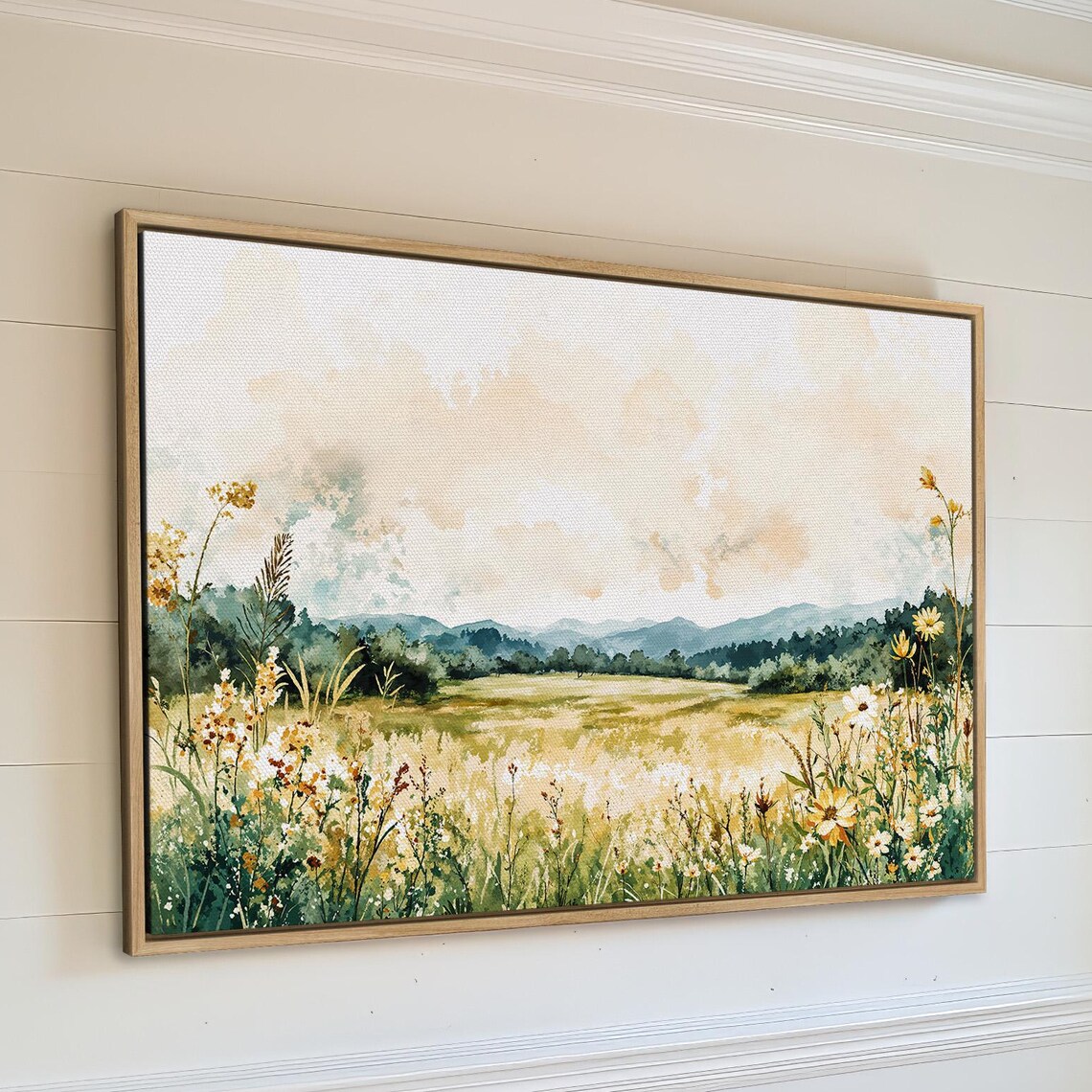 Wildflower Meadow Watercolor Distant Mountains Golden Hour Poster