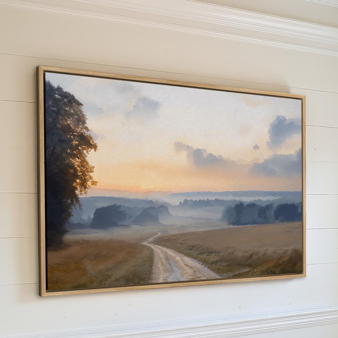 Misty Autumn Country Road Winding Through Foggy Fields Art Print