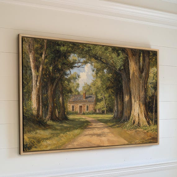 Country Cabin In Forest Framed Canvas Print Rustic Wall Art Countryside Pathway Nature Painting Vintage Home Decor Ready To Hang