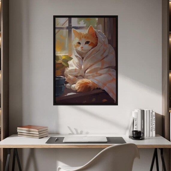 Cozy Orange Cat Wrapped in Blanket Sunny Window Warm Feline Art Poster