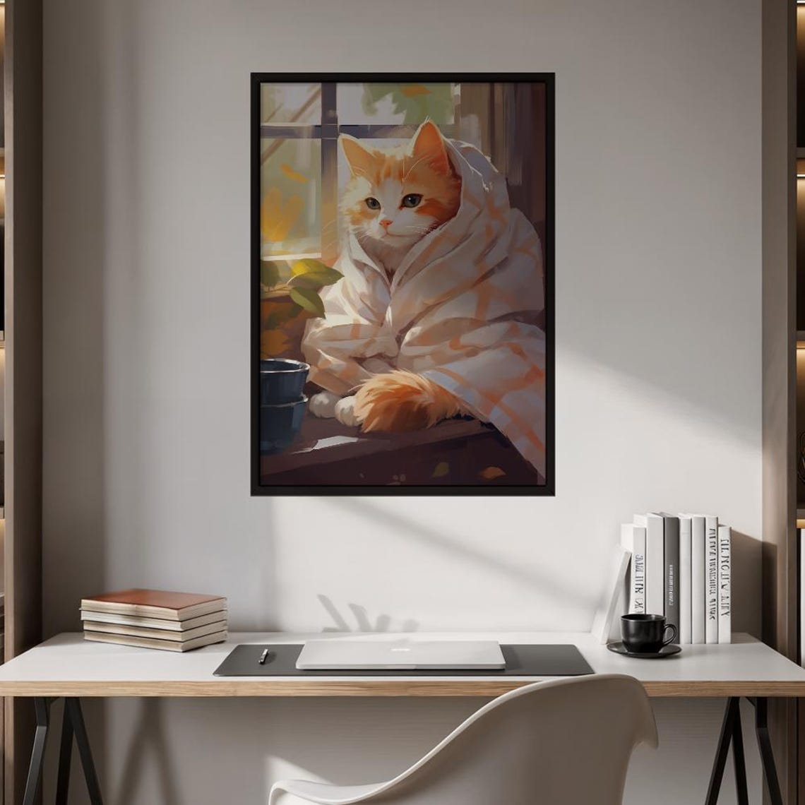 Cozy Orange Cat Wrapped in Blanket Sunny Window Warm Feline Art Poster