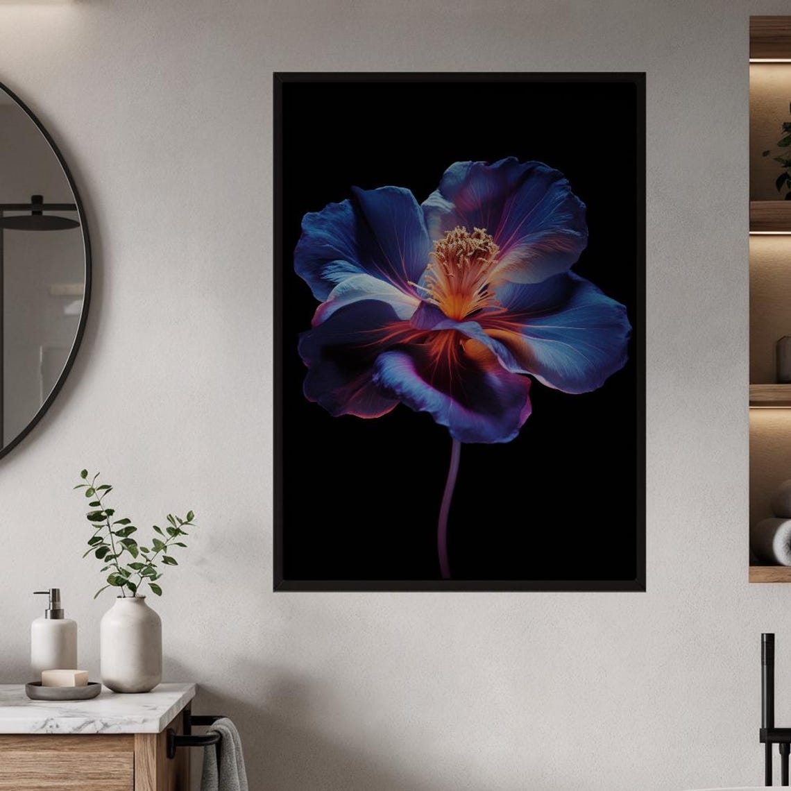 Glowing Blue Flower on Black Poster With Neon Botanical Detail