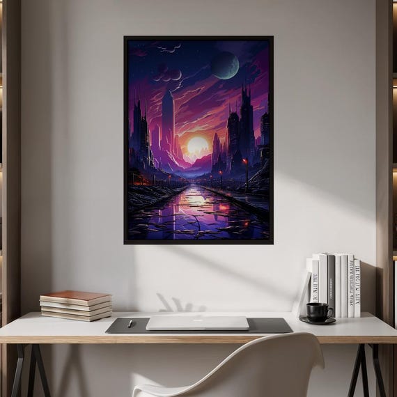 Futuristic Sci-Fi City Purple Sunset Canal Reflection Synthwave Poster