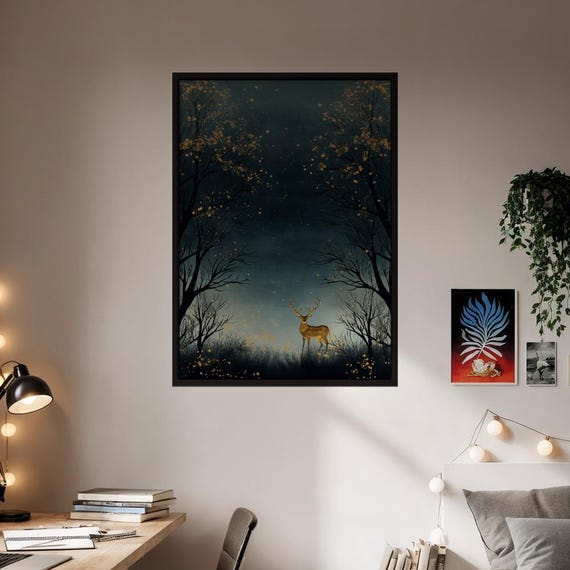 Whispering Wilderness Golden Deer Matte Poster Enchanted Forest Night Sky Wall Art Mystical Nature Print For Bedroom Decor Gifts