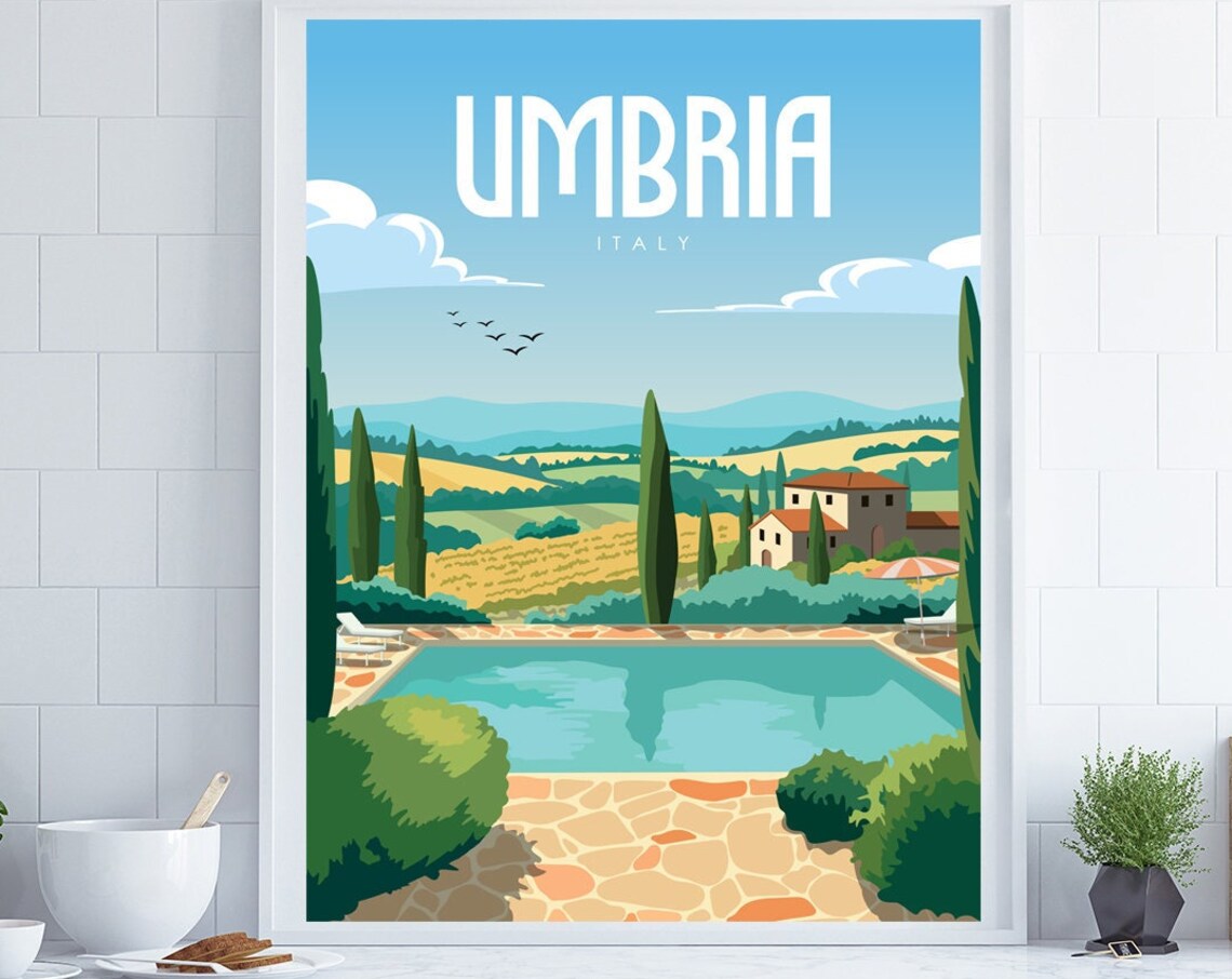 Umbria Italy Villa Pool Cypress Hills Countryside Travel Poster