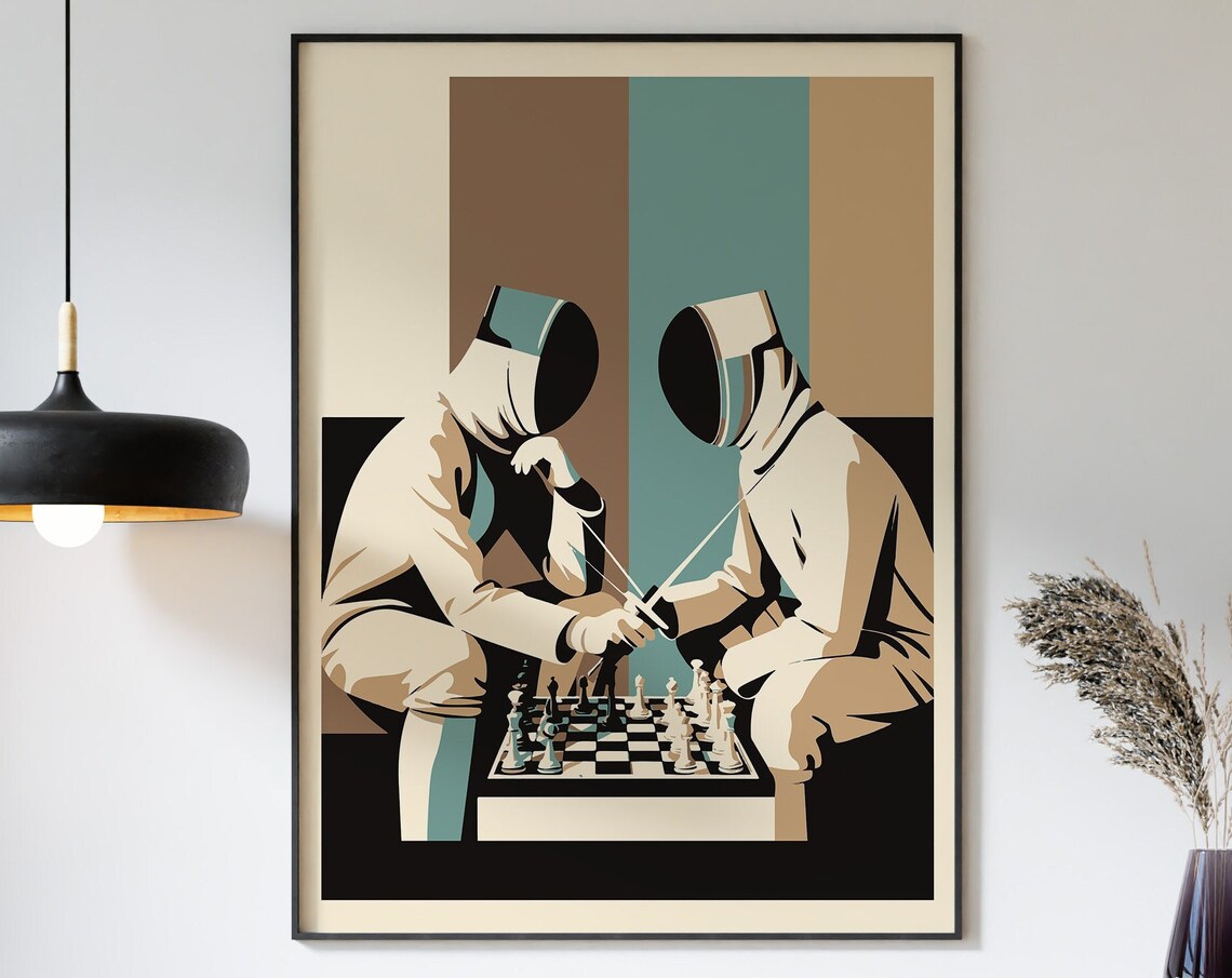 Fencer Chess Players Quirky Vintage Style Illustrated Art Poster - Image 2