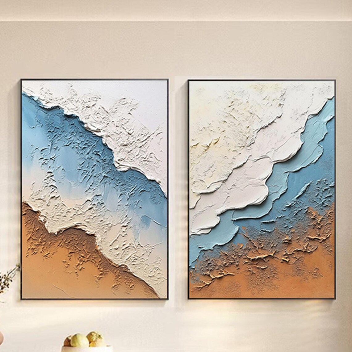 Two Piece Blue White Sea Waves Sandy Beach Diptych Coastal Wall Art