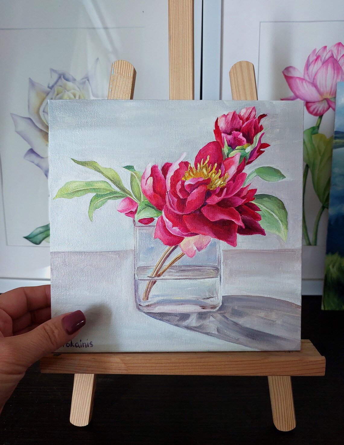 Red Peonies in Clear Glass Vase Oil Floral Still Life Poster - Image 5