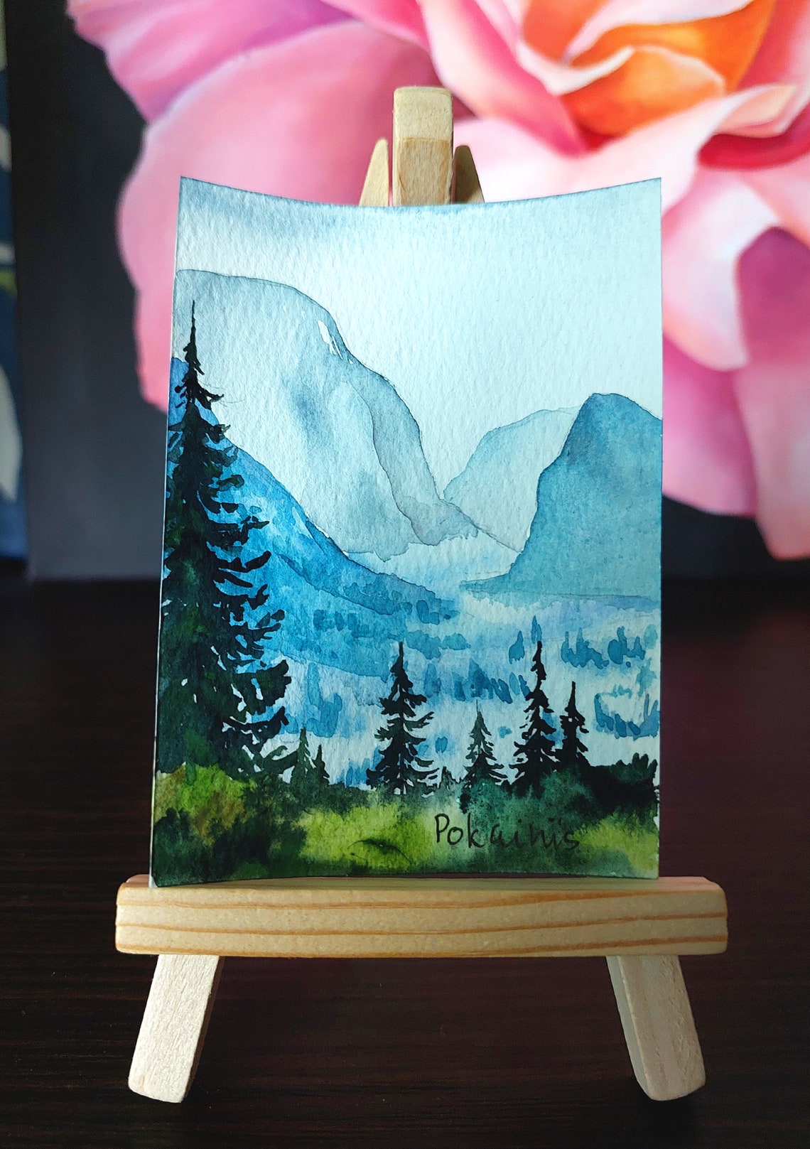 Misty Mountain Valley with Tall Pine Tree ACEO Watercolor Poster