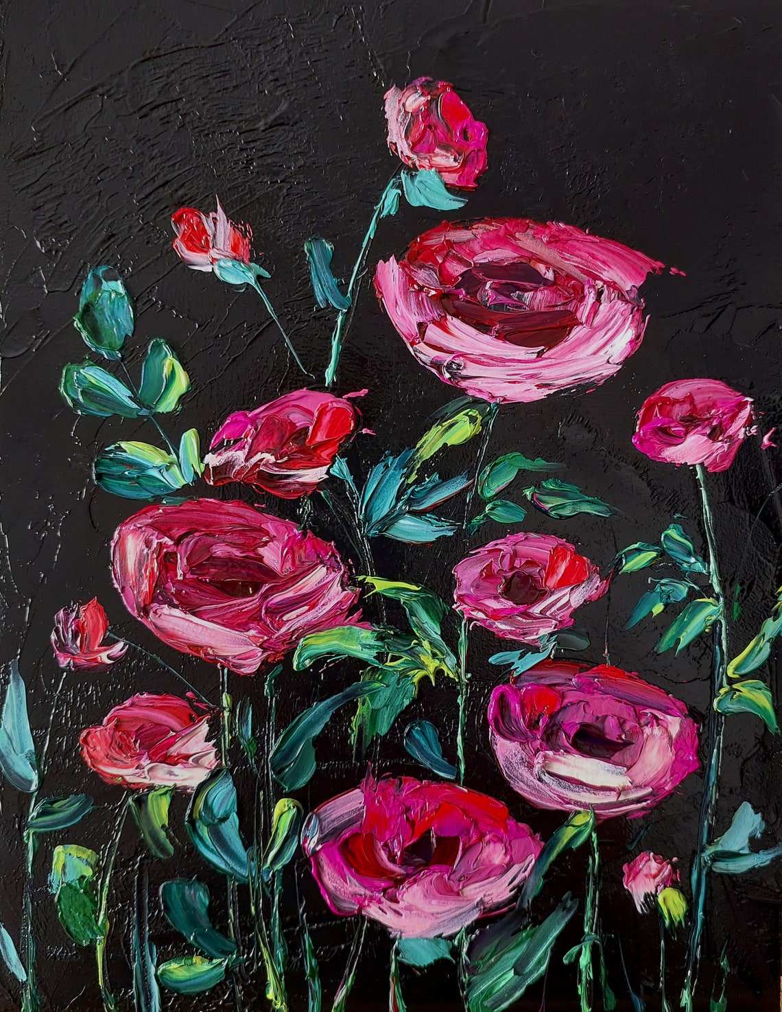 Hot Pink Wild Roses Teal Leaves on Glossy Black Impasto Poster