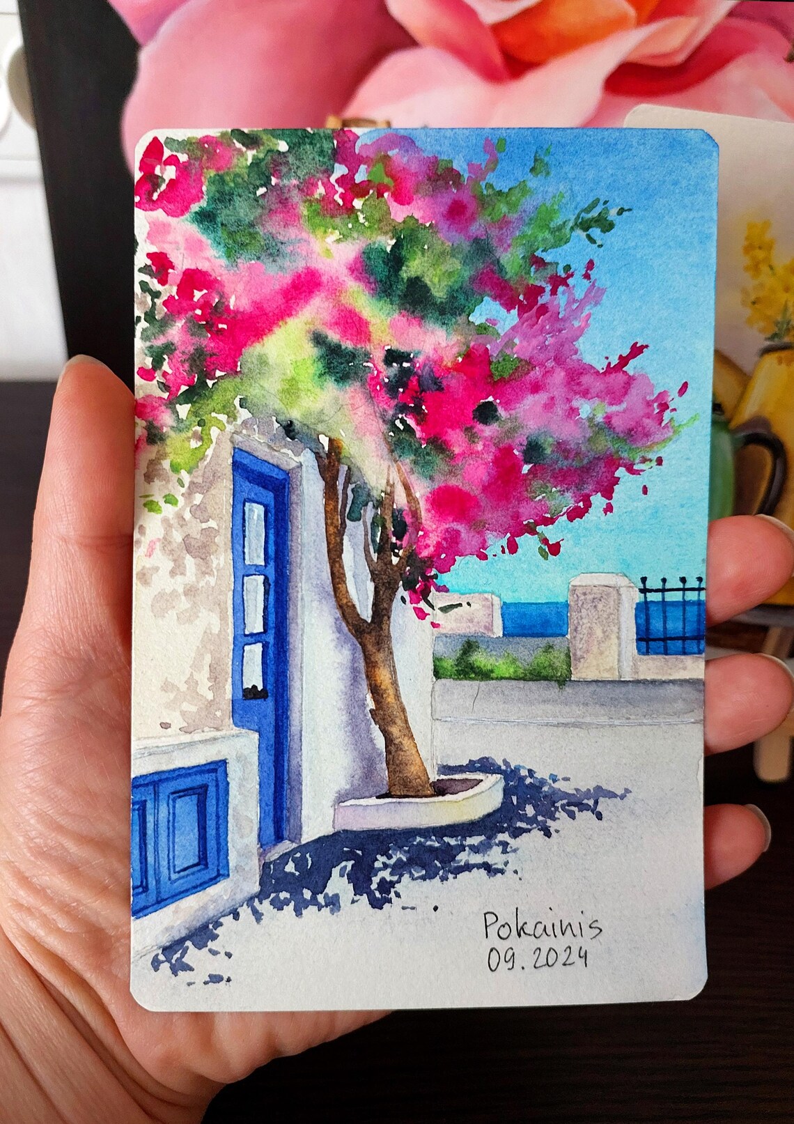 Santorini Bougainvillea Tree Beside Blue Door Watercolor Poster - Image 3