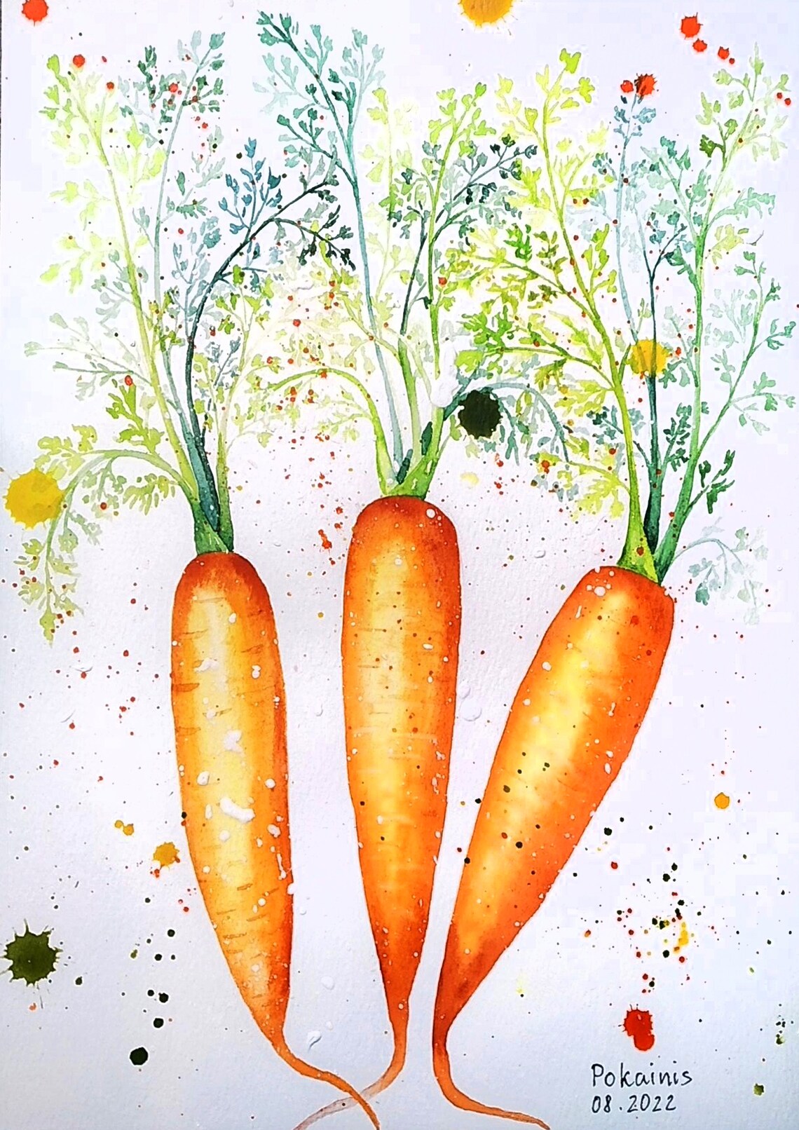 Three Fresh Carrots with Leafy Green Tops Watercolor Kitchen Poster