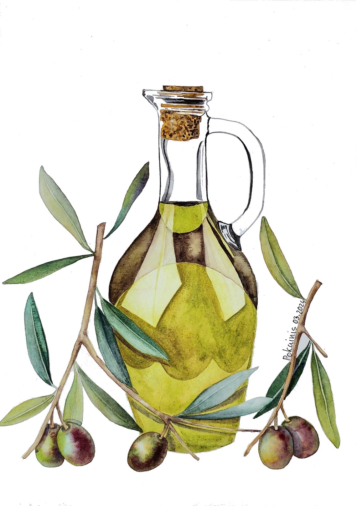 Olive Oil Bottle with Olive Branches Watercolor Kitchen Poster