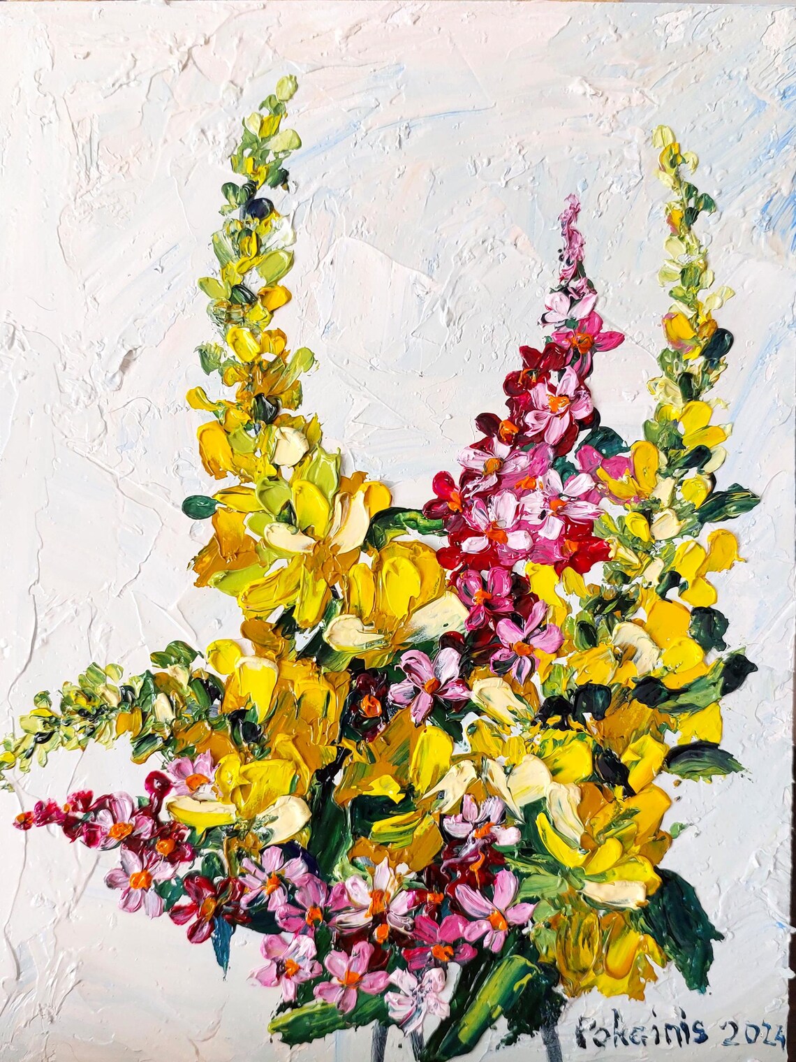 Yellow Pink Wildflower Spires Thick White Impasto Oil Poster - Image 2