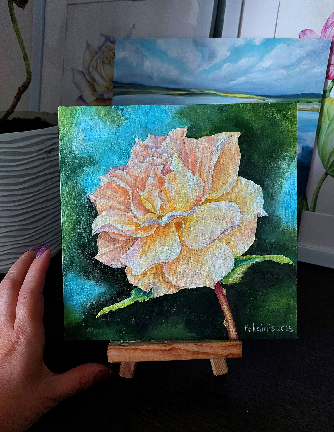 Apricot Rose Oil Painting Soft Blush Garden Flower Close Up Poster - Image 5