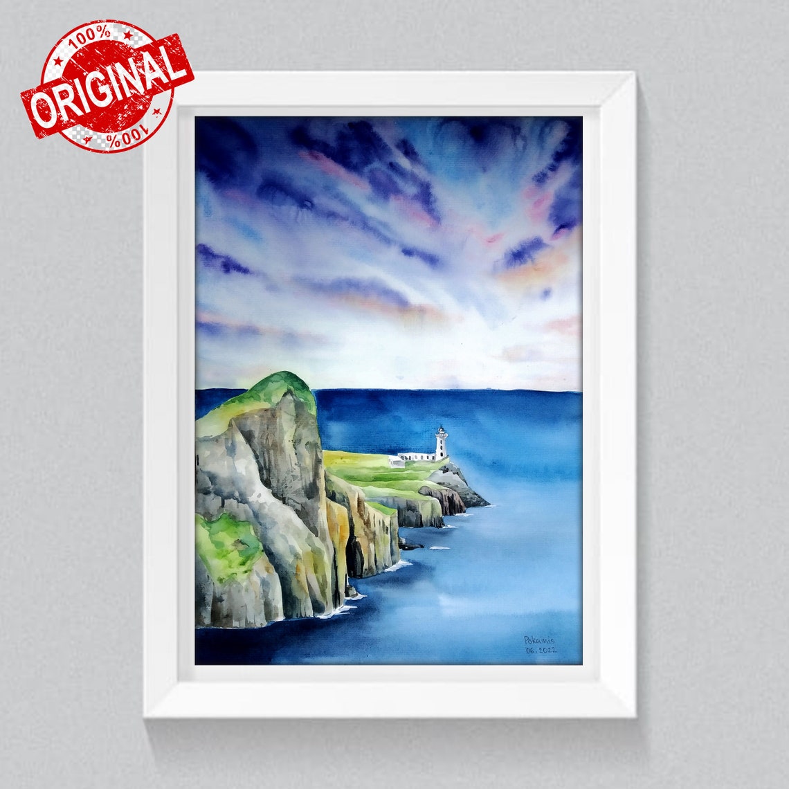 White Lighthouse on Sea Cliffs Watercolor Dramatic Coastal Poster - Image 5