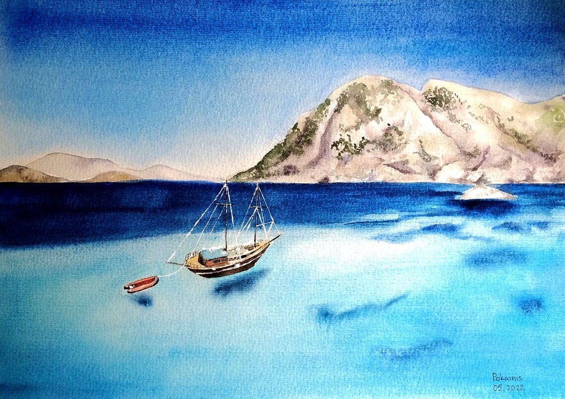 Sailboat by Rocky Island Watercolor Deep Blue Ocean Voyage Poster