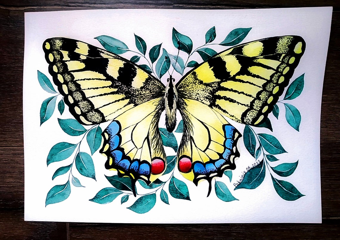 Yellow Swallowtail Butterfly on Leaves Watercolor Nature Poster - Image 5